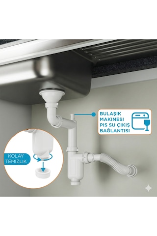 Aqua Bagno Comfort Yer Kazandıran Taşma Deliksiz Mutfak Eviye Sifonu Kolay Temizlenir, Ayarlanabilir Koku Önleyici Gid beyaz