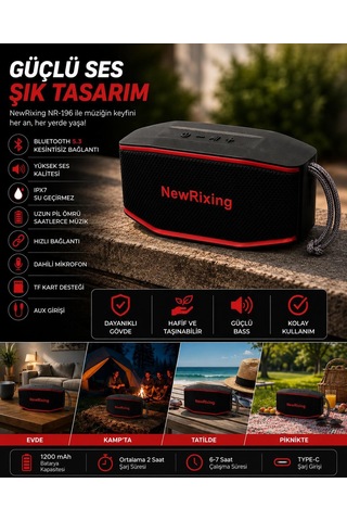 Nr196 Taşınabilir Uzun Pil Ömürlü Taşıma Saplı Tf Kart Ve Aux Destekli Ipx7 Su Geçirmez Özellikli Bluetoth Hoparlör