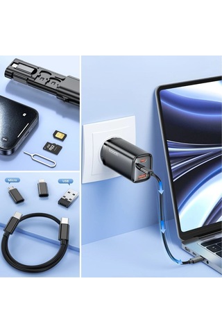 Büro Ev Ofis Personel Telefonu İçin Taşınır 60w Bas Aç Universal 3 Başlı Hızlı Şarj Data Kablo Seti