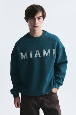 Vamos Miami Baskılı Bisiklet Yaka Sweatshirt Nefti Yeşil