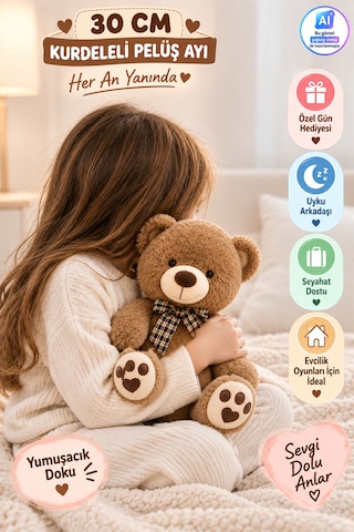 30cm Kurdeleli Pelüş Ayı Yumuşak Dokulu Sevimli Pati Detaylı Oyuncak Peluş Ayıcık Açık Kahverengi