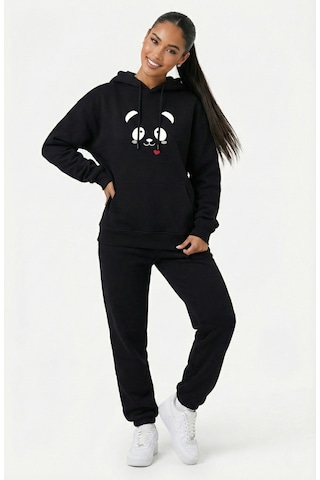 Nevermind Unisex Sevgili Çift Kombini Oversize Panda Baskılı Çift Hoodie Siyah