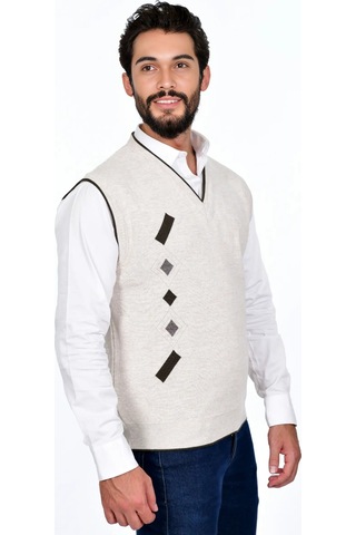 Kamalı Krem Erkek Çelik Örgü Kışlık Kalın Triko V Yaka Triko Örgü Tüylenmez Süveter Taş