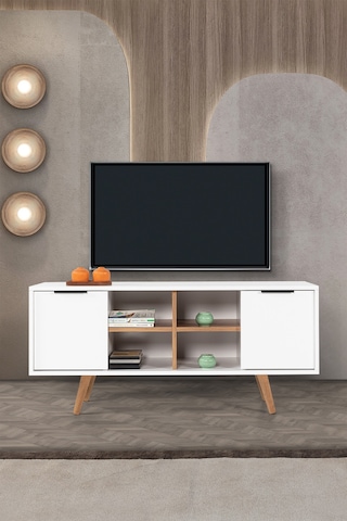 3318 Sina 130 Cm Ahşap Ayaklı , Metal Kulplu Tv Ünitesi , Beyaz - Söğüt , Tv Sehpası , Salon Diğer