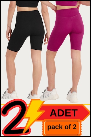 Kadın Yüksek Bel Toparlayıcı Kısa Siyah &mürdüm Şort Tayt 2'li Paket Lycralı Biker Shorts 21077 Siyah - Mürdüm