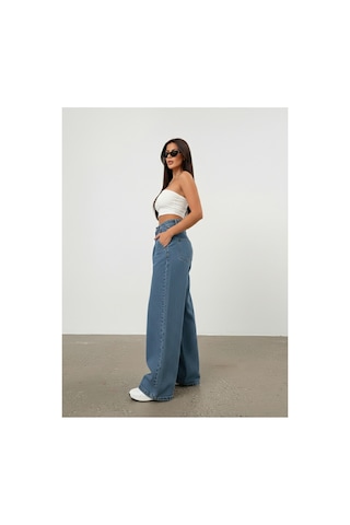 Bluemarlin Tam Kalıp Yüksek Bel Ön Arka Pensli Bol Paça Baggy Jeans Mavi
