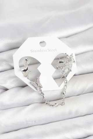 Pirinç Gümüş Renk Model Zincir Bağlantılı Ear Cuff Küpe Seti Çok Renkli