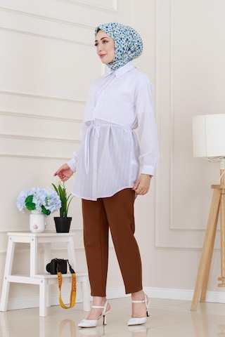 Sevitli Beli Bağcıklı Allerli Taşlı Tunik-beyaz-5222 Beyaz