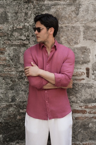 Paul Martin Regular Fit Gizli Düğmeli Yaka %100 Linen Ham Keten Gömlek Gülkurusu