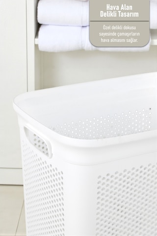İronika Slim Kapaklı Dekoratif Kirli Çamaşır Sepeti 45 Litre - Beyaz Beyaz