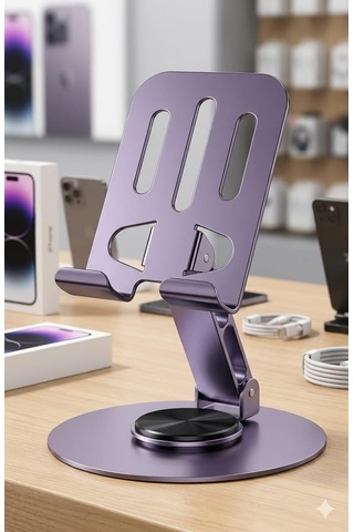Metal Ve Kendi Etrafında 360 Derece Dönebilen Katlanabilen Ayarlanabilir Yükseklik Ve Açı Ayarlı Telefon Tutucu Ve Telefon Standı Lila Açık Mor Renk Kampanya Süper Fiyat