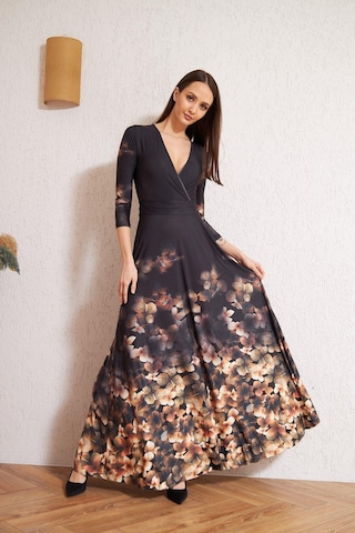 Darlin Moda Siyah Kruvaze Kahverengi Çiçek Desenli Abiye Elbise Dm1013
