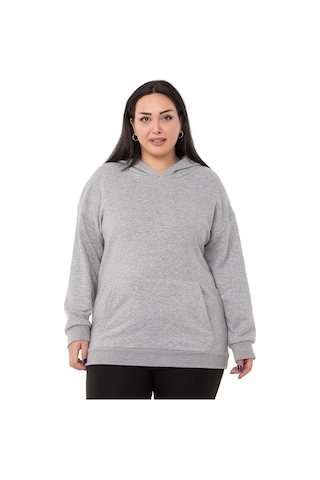 Büyük Beden Sırtında Yazı Detaylı Kapüşonlu Kanguru Cepli Üç İplik Gri Melanj Sweatshirt-gri Melanj Gri Melanj