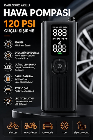Kablosuz Akıllı Hava Pompası 120 Psı Dijital Göstergeli Type-c Şarjlı Lastik Şişirme Kompresörü Otomatik Basınç Ayarlı Led Işıklı
