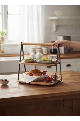 Akayev Akasya 2 Katlı Sunum Tabağı Organizer 28x20x27 Cm Kahverengi