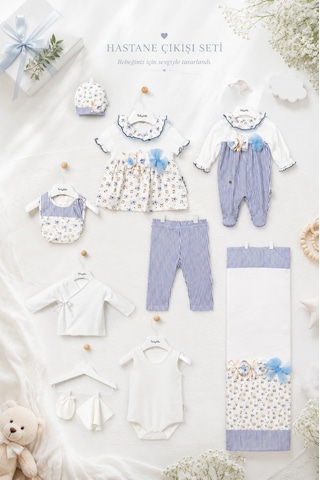 Babyhola Özel Hediye Kutulu Yenidoğan Hastane Çıkışı Kız Bebek 10'lu Set 12814 Mavi