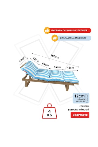 Xpermate Pofuduk Şezlong Minderi 60x180x12cm Su İtici, Maviçizgil