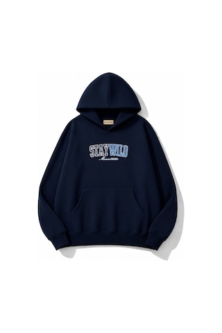 Herkesemoda Stay Wild Baskılı Kanguru Cepli Oversize Sweatshirt Lacivert