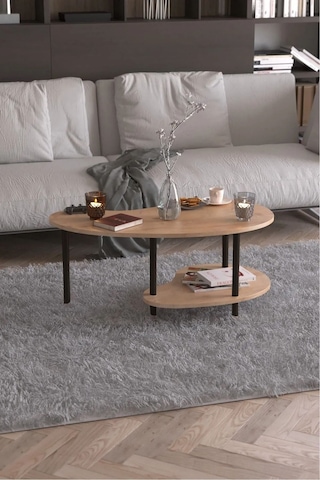 Yüksek Kalite Orta Sehpa 2 Raflı Ahşap Ayaklı Fasulye Gazetelikli Dekoratif Lüks Sehpa Safir Meşe