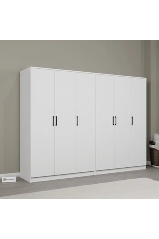 Kardelen Serisi Mat Beyaz 6 Kapaklı 10 Raflı 240 Cm Elbise Dolabı - Gardırop Seti Beyaz