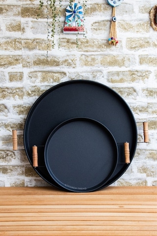 2'li Ahşap Kulplu 45 Cm Siyah Metal Tepsi Ve 30 Cm Siyah Tepsi Çay Kahve Sunum Tepsisi Siyah
