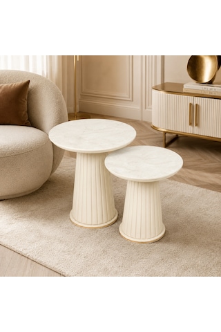 Ganni Home Angel 2 Li Zigon Sehpa Seti Beyaz Mermer Beyaz, Gold Detaylı Şık Ve Modern Tasarım
