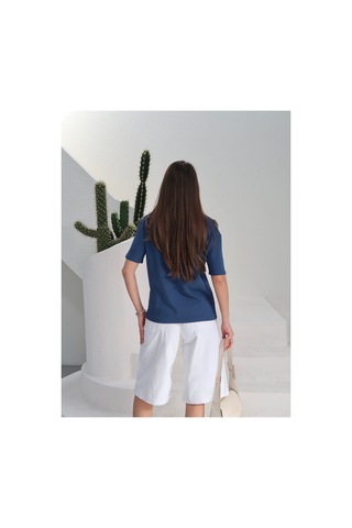 Paw Garage Kadın Massi İnterlok Kumaş V Yaka Oversize T-shirt Mavı