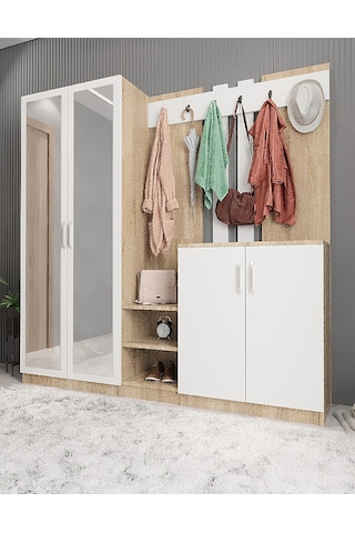 Flora Aynalı Portmanto Vestiyer Meşe - Beyaz 225 CM
