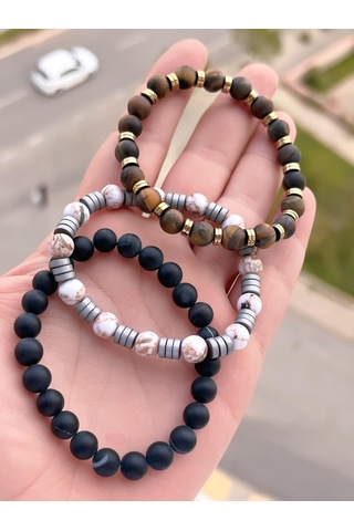 Nursaat 3 Lü Özel Tasarım Unisex Doğal Taş Bileklik Çakra, Turkuaz, Yeşim, Akik Ve Sitrin Taşları 03 Renkli