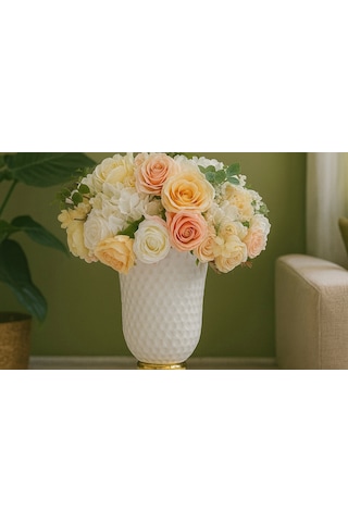 Altın Kaideli Beyaz Dokulu Vazo Şeftali/krem Gül & Ortanca Yapay Aranjman