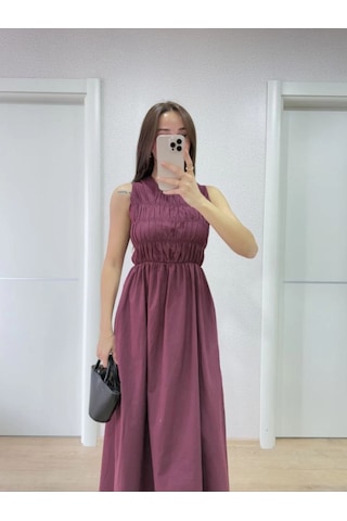Mbb E-ticaret Kadın Kolsuz Göğüs Lastıklı %100 Poplin Uzun Elbise - Bordo