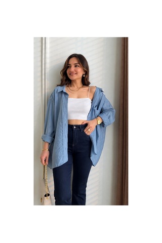 Moda Banuş İndigo Mavi Düşük Omuzlu Gömlek Moda Banuş İndigo Mavi Düşük Omuzlu Gömlek