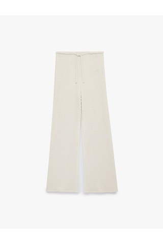 Koton Koton X Melis Ağazat - Bürümcük Kumaş Beli Bağcıklı Düz Bol Paça Pantolon Ekru 6sak40123ek