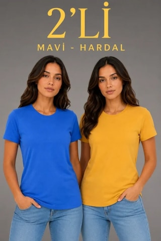 Efnaz Style Basic Bisiklet Yaka Yazlık Slim Fit T-shirt - Mavi - Hardal Sarısı Çok Renkli