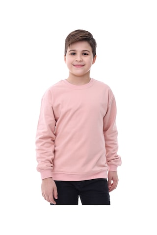 Basic Bisiklet Yaka Şardonlu Çocuk Sweatshirt 3-10 Yaş Pudra Pudra