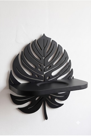 3d Dekoratif Monstera Yaprak Duvar Rafı - Sukulent Ve Mum Standı Siyah - Siyah