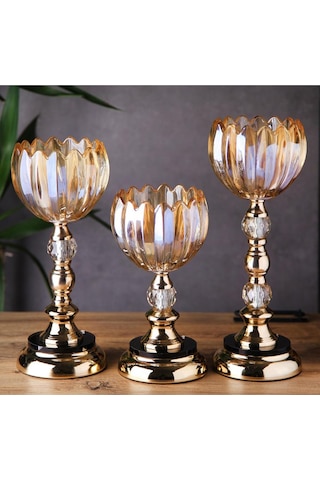 3 Lü Kristal Cam Şamdan, Vazo Gold Metal Ayak 4470