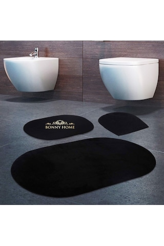 Bonny Home Rixos Siyah 3lü Banyo Halısı Paspası Seti Kaymaz Taban Siyah