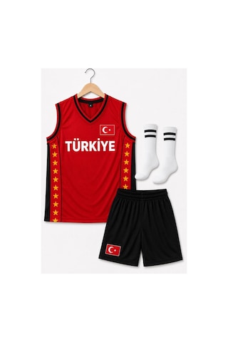 Sonvadi Çocuk Basketbol Forması Türkiye Armalı Kırmızı-siyah 3 Parça Çorap Kırmızı