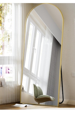 Zer 180x66 Kemerli Zemin Aynası,tam Boy Aynalı Duvar Aynası, Yatak Odası, Giyinme Odası İçin Standlı Gold