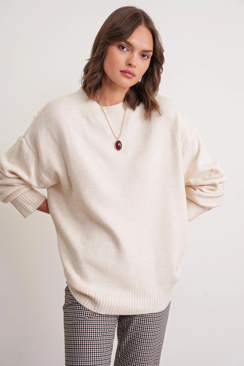Mixray 6913 Kadın Salaş Yumuşak Dokulu Oversize Triko Kazak Naturel
