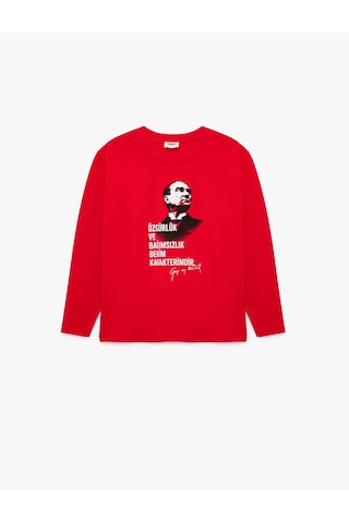 Koton Atatürk Baskılı Pamuklu Bisiklet Yaka Uzun Kollu Tişört Kırmızı 7wkb10528tk
