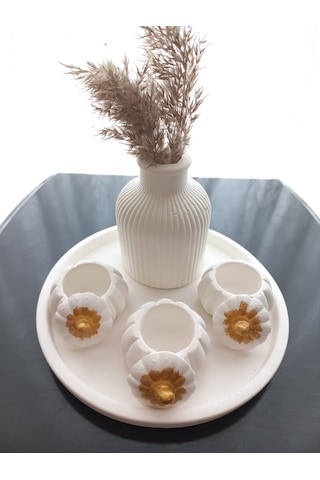 Tabakta 3'lü Mini Balkabağı Vazo Dekoratif Set Beyaz 03