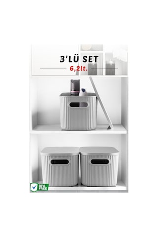 3'lü Set Çok Amaçlı Düzenleyici Depolama Kutusu Gri 6,2lt