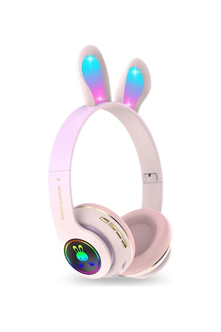 Tavşan Kulaklı Bluetooth Kulaklık, Renkli Led Işıklı, 5.0 Versiyon, Ayarlanabilir Büyüklük, Hafıza Kart Girişli, 40mm Kulaklık, 6 Saat Kullanım Süresi, Bass Tiz Müthiş Ses Toz Pembe