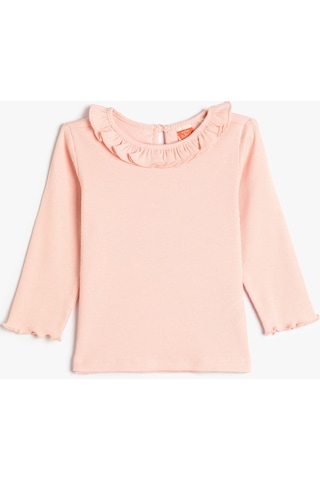 Koton Basic Tişört Uzun Kollu Fırfır Detaylı Bisiklet Yaka Pamuklu Pembe 4wmg10027ak 4WMG10027AK274 Pembe