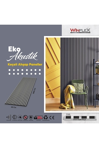 Winflex Eko Keçeli Akustik Ahşap Paneli Antrasit 60x240cm .
