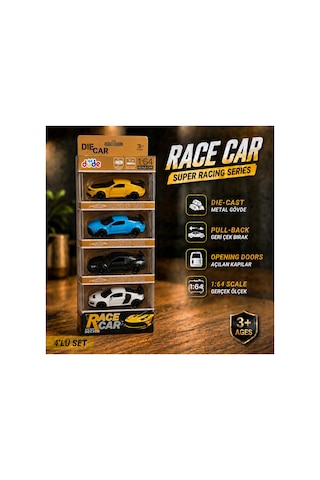 4'lü Die Cast Metal Spor Araba Seti Set 2 1:64 Ölçek - Açılır Kapı & Bagaj - Kutulu Koleksiyon Karışık Renk Ve Model