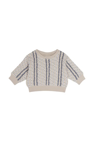 Antebies Organik Bej Dikey Çiçek Desenli Manşetli Kız Bebek Sweatshirt Eşofman Takımı Krem
