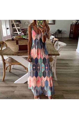 Şarap Kırmızısı Kadın Etek Yaz Gündelik Baskı Yular Tank Elbise Uzun Elbise